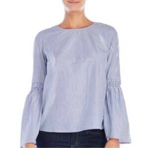 Beachlunchlounge Womens Blue Striped Long Bell Sleeve Smocked Top